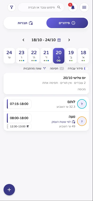 ניהול צוות וסידור עבודה - תצוגת מובייל